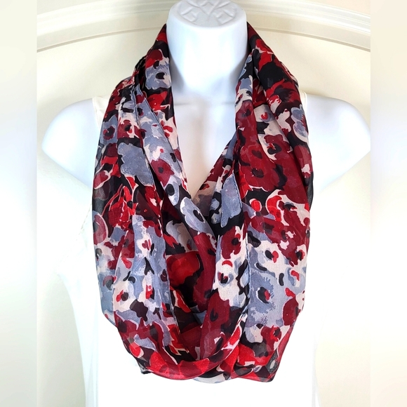 Black, Red and White Floral Print Lightweight Scarf -  70" x 20" - Picture 1 of 8